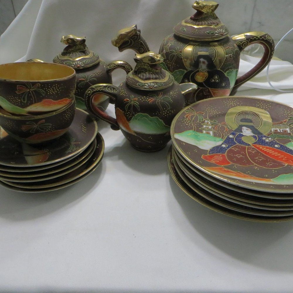 Satsuma Moriage 20 PC Tea Set Japanese Dragonware
